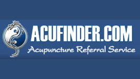 A blue and white logo for acupunture referral services.