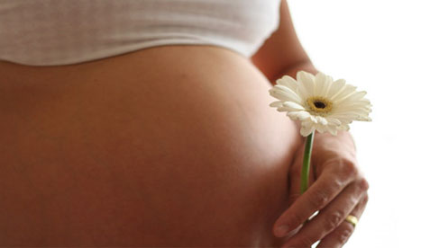A pregnant woman holding a flower in her hand.
